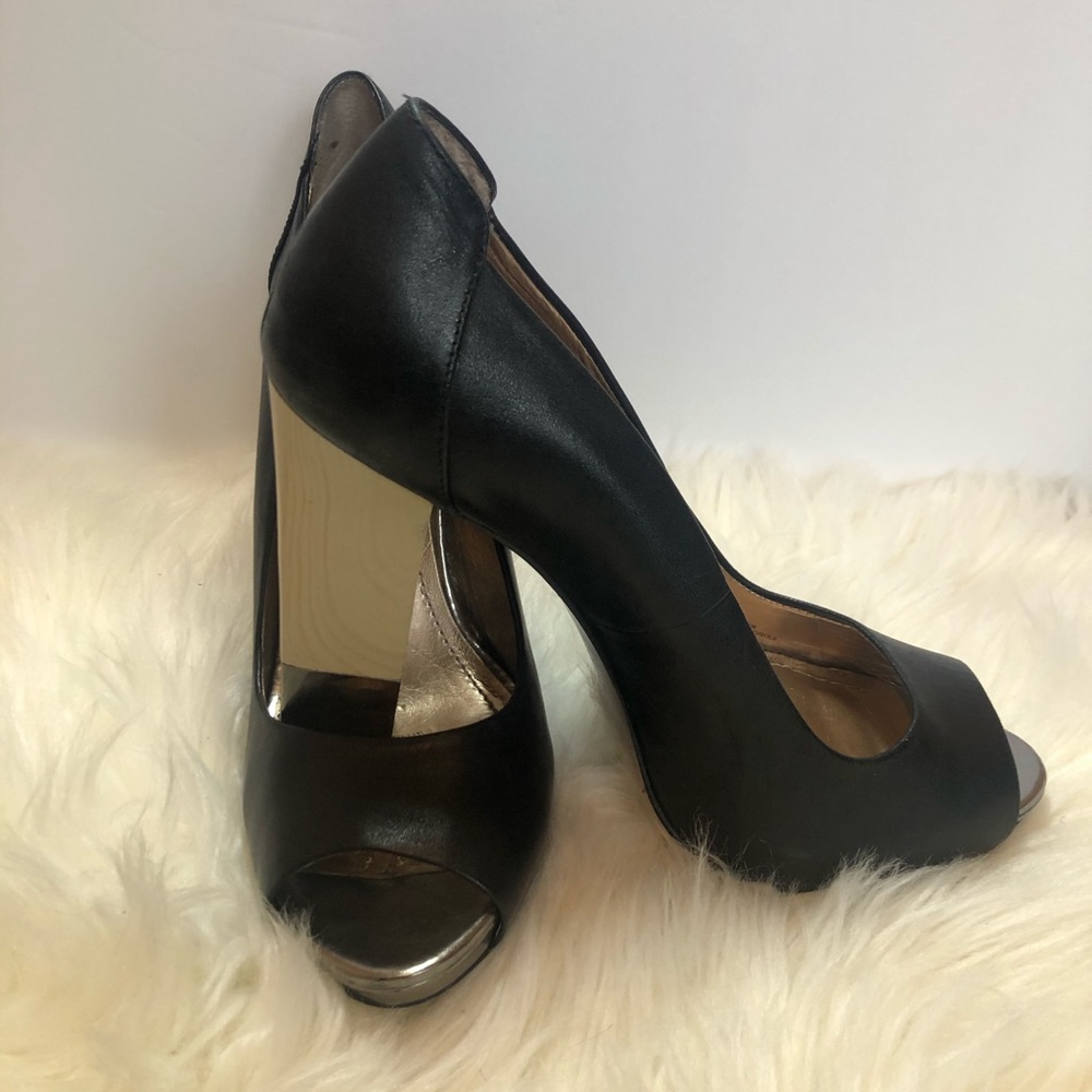 BCBG Wood and Gold Block Peep Toe Heel